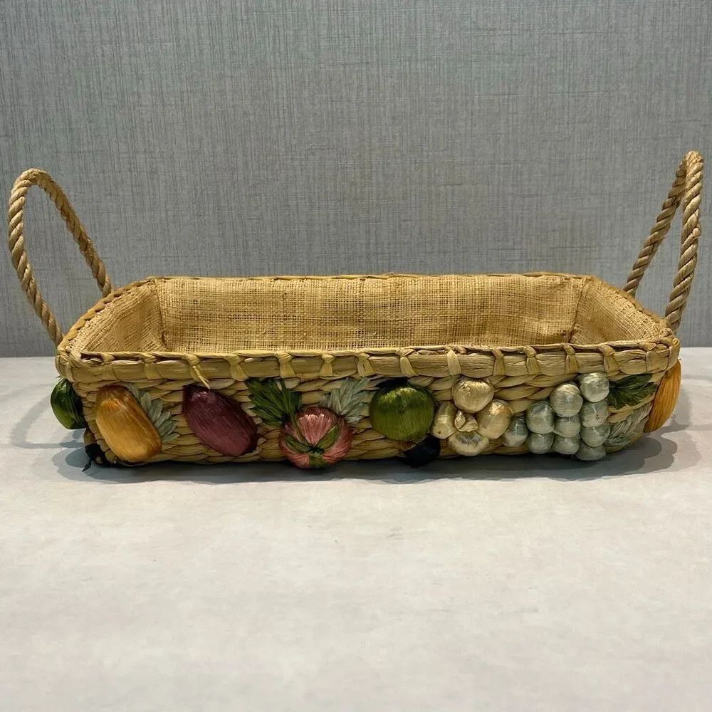 Vtg Woven Straw Lined Basket with 3D Fruit on Sides Phillipines Handmade Boho